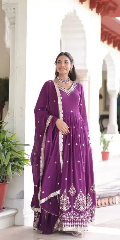 KA 1214 Purple Vichitra Silk Gown Perfect for Wedding, Party, Lohri, Onam, Festival Celebrations – . Grab it for ₹2449. Delivery 4-6 Working Days. | Gowns, Bollywood Gowns, Creative Gowns, Designer Gowns, Embroidered Gowns, Party Wear Gowns