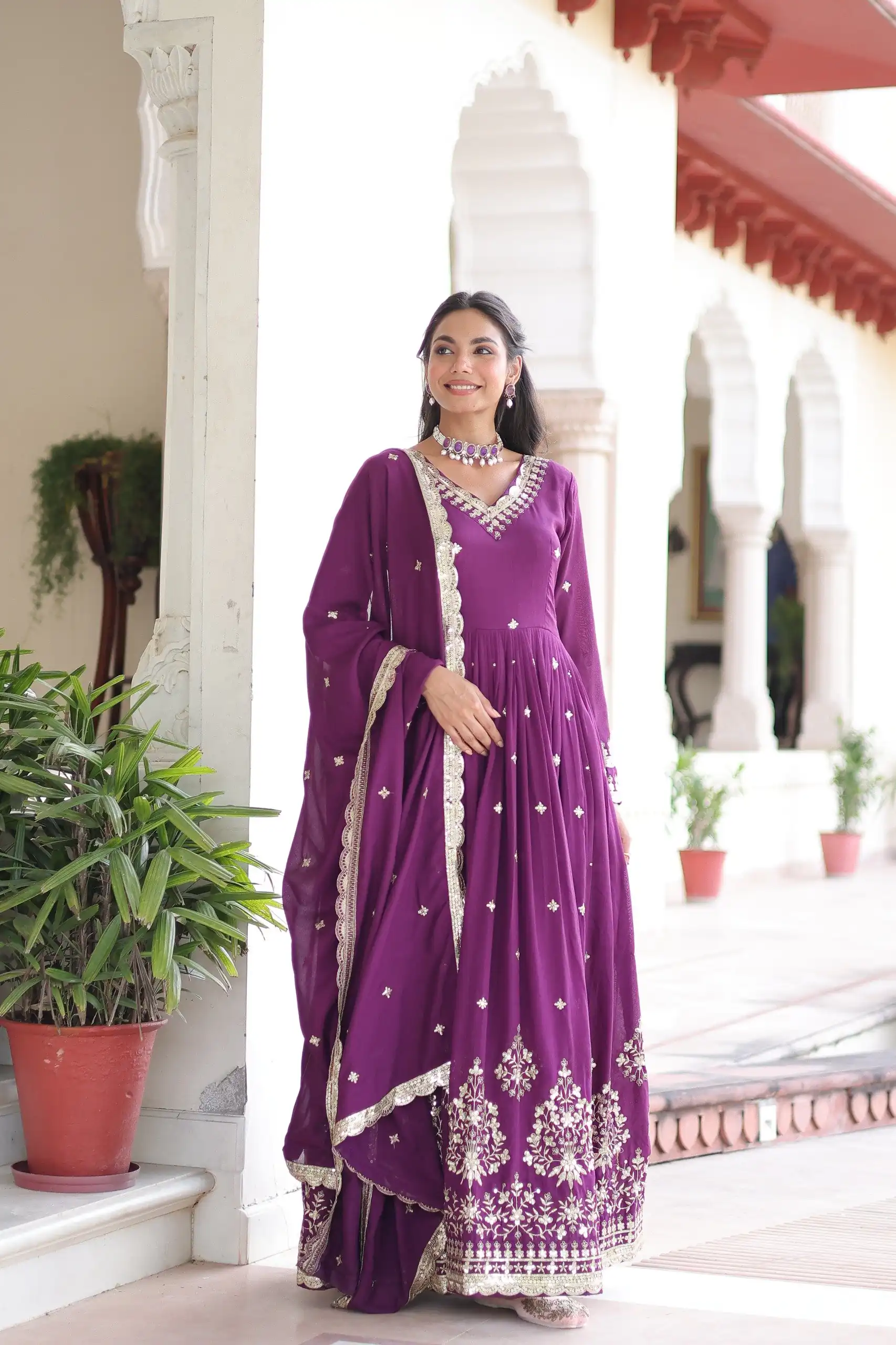 KA 1214 Purple Vichitra Silk Gown Perfect for Wedding, Party, Lohri, Onam, Festival Celebrations – . Grab it for ₹2449. Delivery 4-6 Working Days. | Gowns, Bollywood Gowns, Creative Gowns, Designer Gowns, Embroidered Gowns, Party Wear Gowns