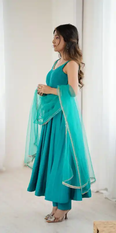 KB 285 Rama Color in Roman Silk Chanderi Mirror Work & Lace Work Gown . Best Price ₹1929. Delivery 4-6 Working Days. Shop now. | Gowns, Bollywood Gowns, Creative Gowns, Designer Gowns, Embroidered Gowns, Party Wear Gowns