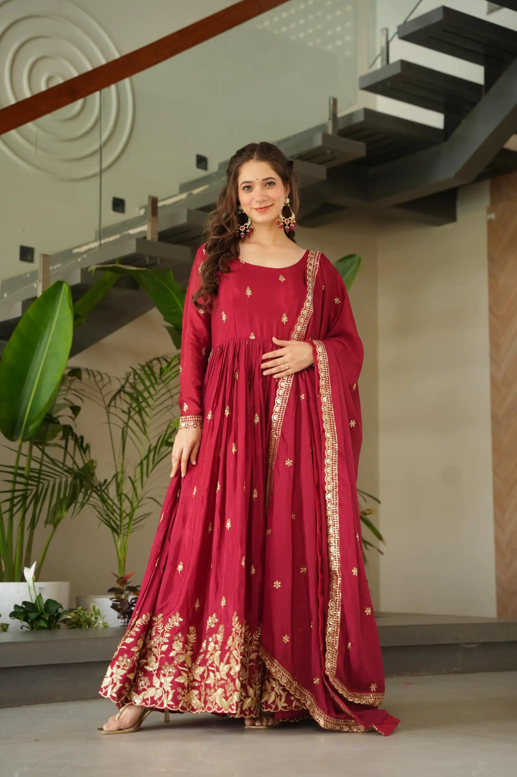 KA 1166 Red Color Chinnon Gown with Zari Work & Embroidery Work. Available at ₹2099 only. Delivery 4-6 Working Days. Shop now. | Gowns, Bollywood Gowns, Creative Gowns, Designer Gowns, Embroidered Gowns, Party Wear Gowns