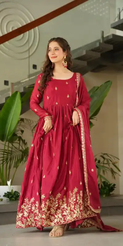 KA 1166 Red Color Chinnon Gown with Zari Work & Embroidery Work. Available at ₹2099 only. Delivery 4-6 Working Days. Shop now. | Gowns, Bollywood Gowns, Creative Gowns, Designer Gowns, Embroidered Gowns, Party Wear Gowns