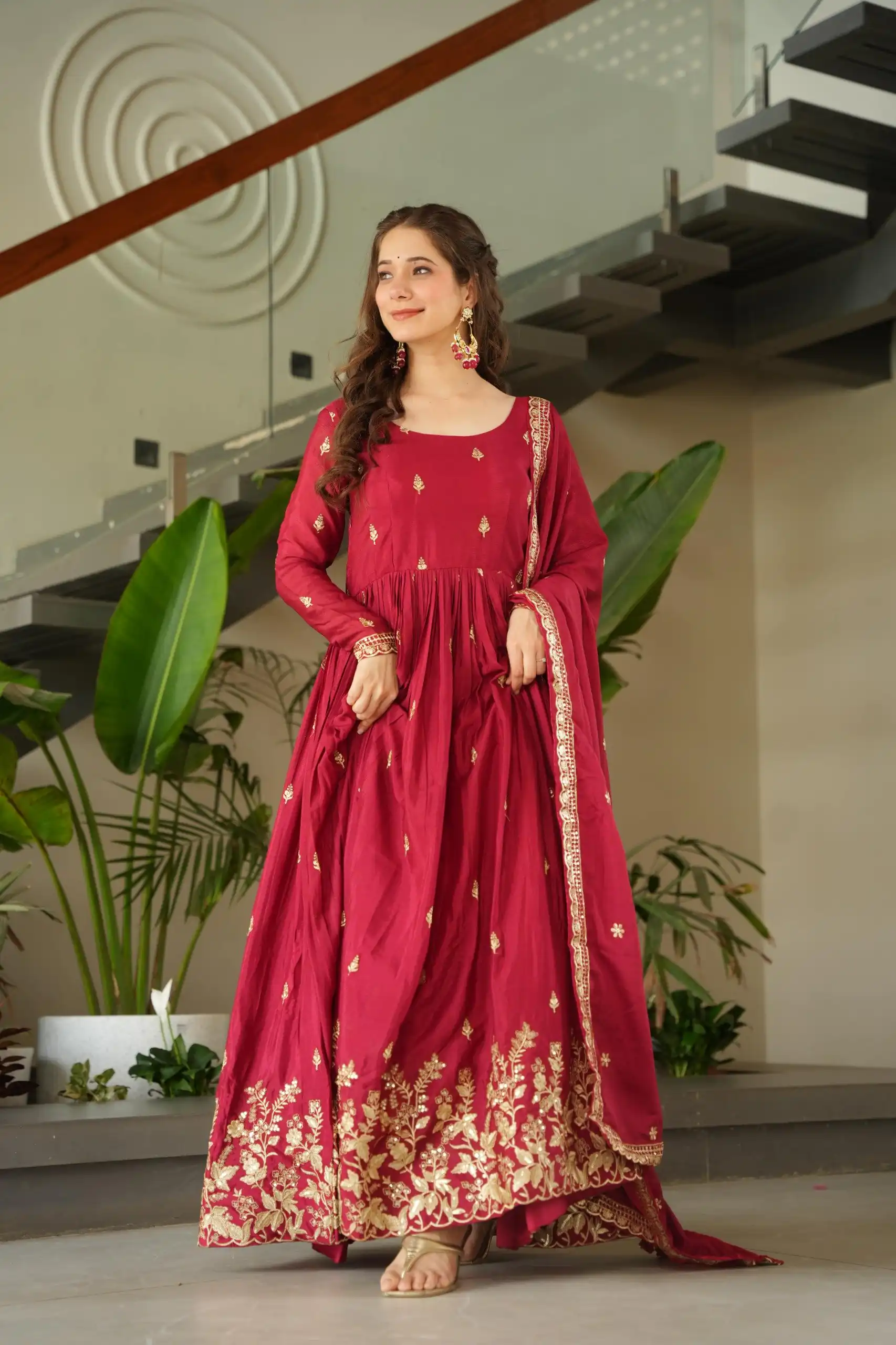 KA 1166 Red Color Chinnon Gown with Zari Work & Embroidery Work. Available at ₹2099 only. Delivery 4-6 Working Days. Shop now. | Gowns, Bollywood Gowns, Creative Gowns, Designer Gowns, Embroidered Gowns, Party Wear Gowns
