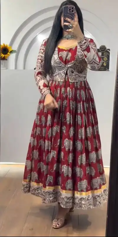 PC 423 Red in Cotton Kalamkari Print Gown . Wedding, Party, Festive, Events, Now at just ₹1879. Delivery 4-6 Working Days. Shop now. | Gowns, Bollywood Gowns, Creative Gowns, Designer Gowns, Embroidered Gowns, Party Wear Gowns
