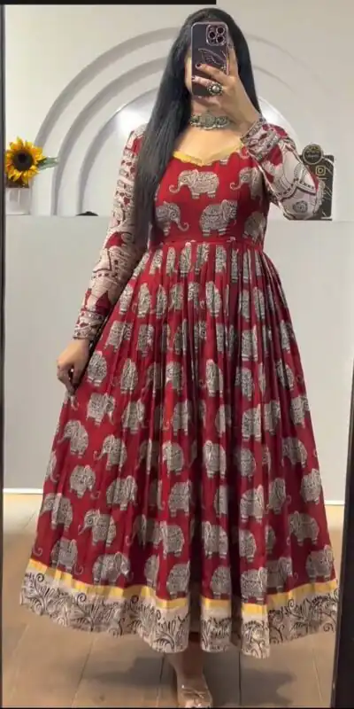 PC 423 Red in Cotton Kalamkari Print Gown . Wedding, Party, Festive, Events, Now at just ₹1879. Delivery 4-6 Working Days. Shop now. | Gowns, Bollywood Gowns, Creative Gowns, Designer Gowns, Embroidered Gowns, Party Wear Gowns