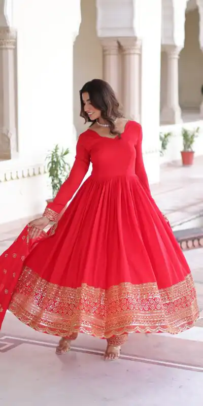 KA 1209 Red Vichitra Silk Gown with Embroidery Work & Sequins Work. Get it for ₹2499. Delivery 4-6 Working Days. Shop now. | Gowns, Bollywood Gowns, Creative Gowns, Designer Gowns, Embroidered Gowns, Party Wear Gowns