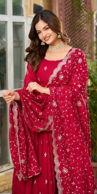 Ram 097 Red Vichitra Silk Gown with Embroidery Work. Wedding, Party, Festive, Events Affordable Price ₹2549. Delivery 4-6 Working Days. Shop now. | Gowns, Bollywood Gowns, Creative Gowns, Designer Gowns, Embroidered Gowns, Party Wear Gowns