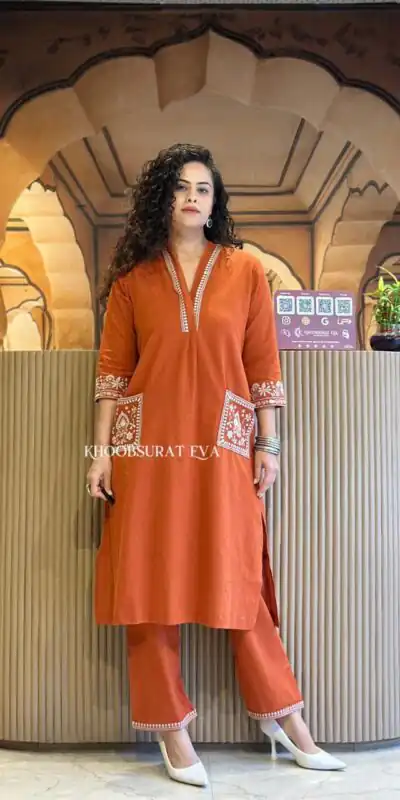 Rust Cambric Cotton Embroidery Lace Work Kurti