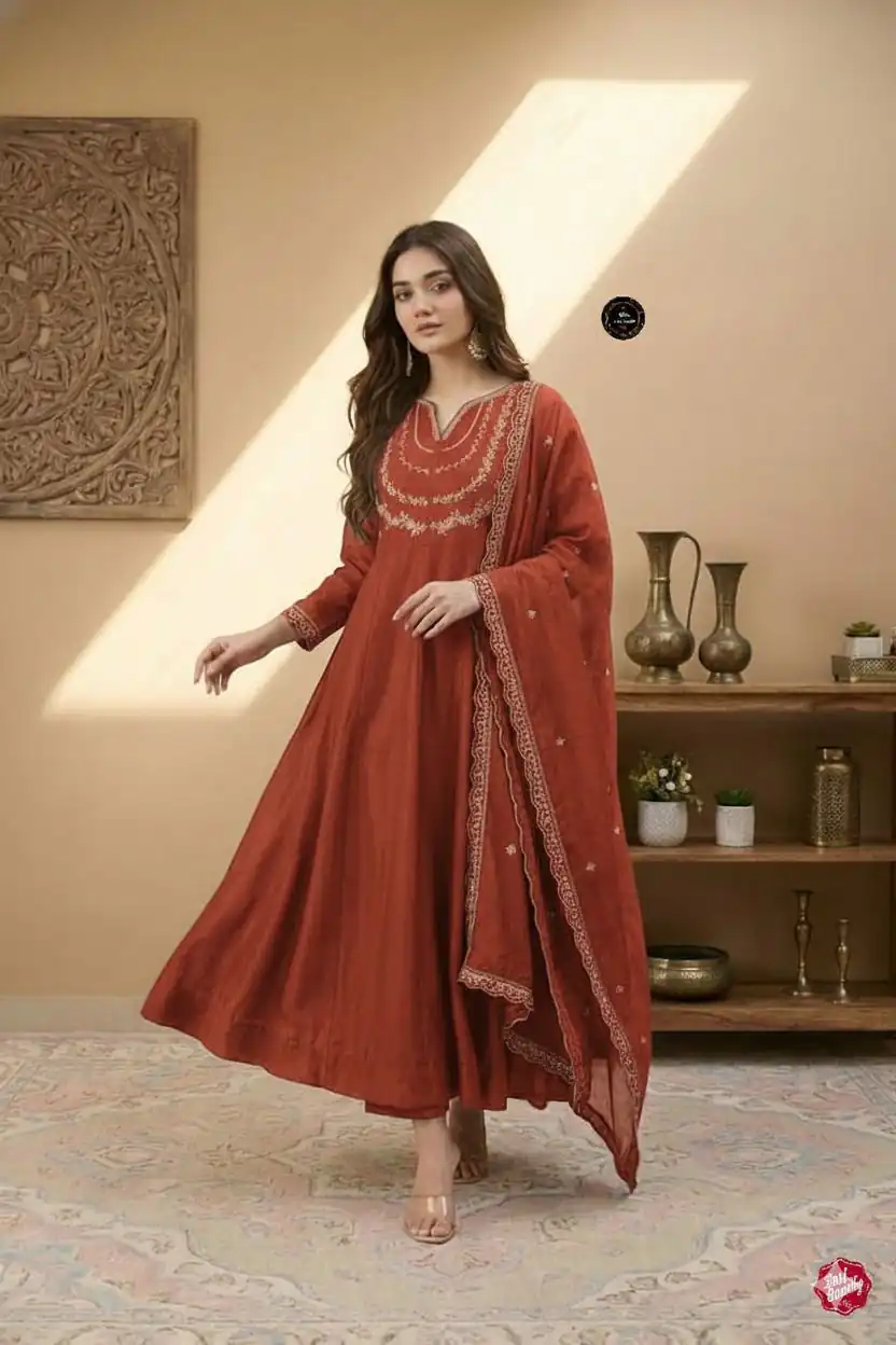 MF 912 Rust Color Vichitra Silk Gown with Sequence Work Designer Work. Get it for ₹1799. Delivery 4-6 Working Days. Shop now. | Gowns, Bollywood Gowns, Creative Gowns, Designer Gowns, Embroidered Gowns, Party Wear Gowns