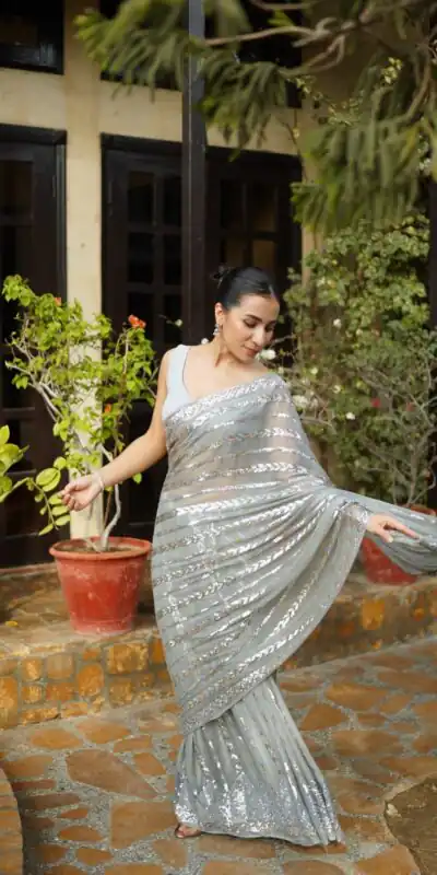 JR 635 Silver Georgette Saree with Lace Work & Embroidery Work. Exclusive Offer ₹1949. Delivery 4-6 Working Days. Shop now. | Designer Sarees, Sarees, Bollywood Sarees, Creative Sarees, Embroidered Sarees, Ethnic Saree, Modern Digital sarees, Party Wear Sarees