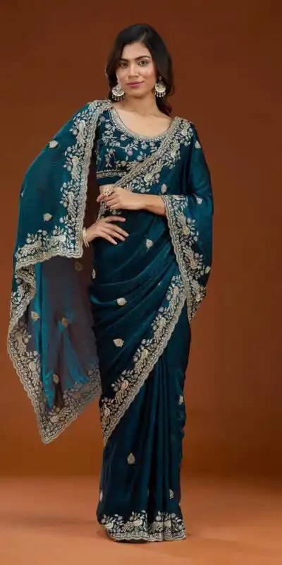E BT 438 Teal in Fandy Satin Silk mbroidery Work & Zari Work Saree. Special Price ₹1949. Delivery 4-6 Working Days. Shop now. | Designer Sarees, Embroidered Sarees, Sarees, Bollywood Sarees, Creative Sarees, Ethnic Saree, Modern Digital sarees, Party Wear Sarees