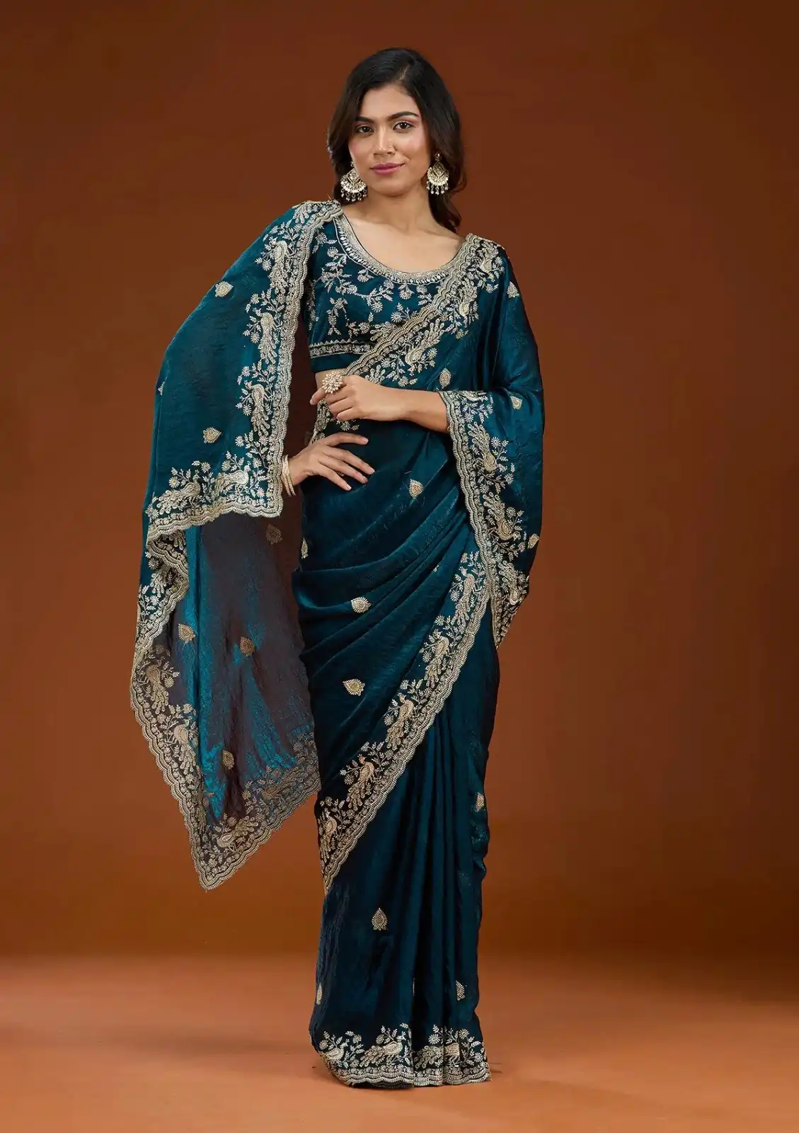 E BT 438 Teal in Fandy Satin Silk mbroidery Work & Zari Work Saree. Special Price ₹1949. Delivery 4-6 Working Days. Shop now. | Designer Sarees, Embroidered Sarees, Sarees, Bollywood Sarees, Creative Sarees, Ethnic Saree, Modern Digital sarees, Party Wear Sarees