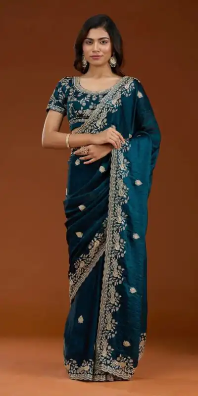 E BT 438 Teal in Fandy Satin Silk mbroidery Work & Zari Work Saree. Special Price ₹1949. Delivery 4-6 Working Days. Shop now. | Designer Sarees, Embroidered Sarees, Sarees, Bollywood Sarees, Creative Sarees, Ethnic Saree, Modern Digital sarees, Party Wear Sarees