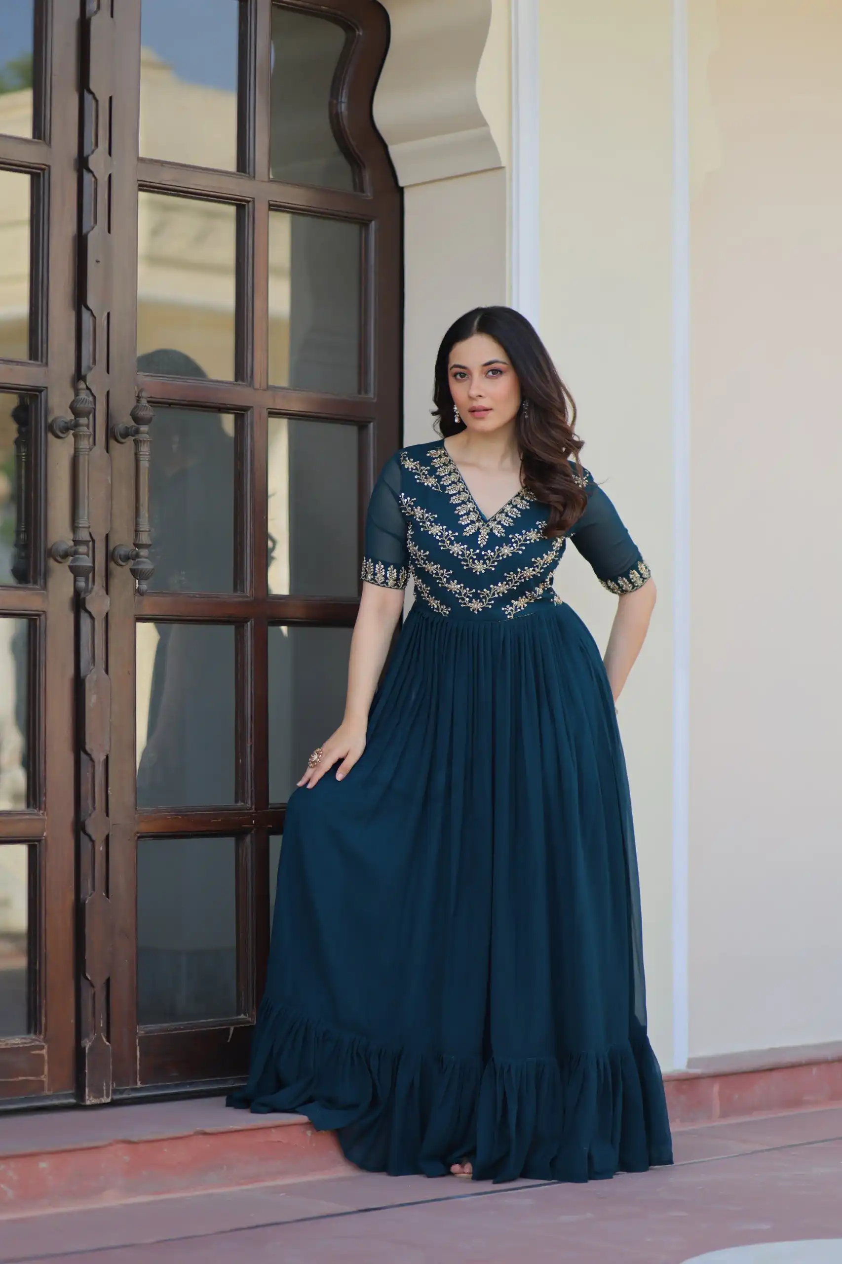 KA 1172 Teal in Faux Blooming Embroidery Work & Sequins Work Gown . Affordable Price ₹1749. Delivery 4-6 Working Days. Shop now. | Gowns, Bollywood Gowns, Creative Gowns, Designer Gowns, Embroidered Gowns, Party Wear Gowns