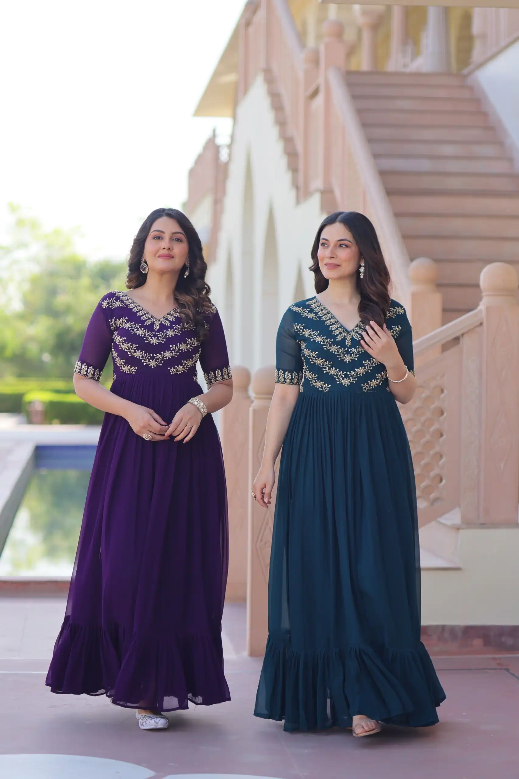 KA 1172 Teal in Faux Blooming Embroidery Work & Sequins Work Gown . Affordable Price ₹1749. Delivery 4-6 Working Days. Shop now. | Gowns, Bollywood Gowns, Creative Gowns, Designer Gowns, Embroidered Gowns, Party Wear Gowns