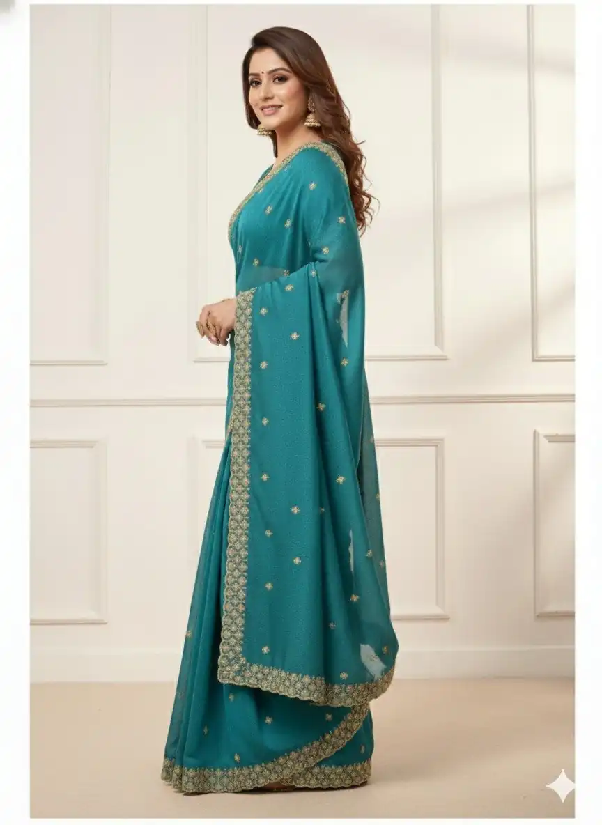 JR 659 Teal in Color Star Georgette Embroidery Work Saree . Available at ₹1799 only. Delivery 4-6 Working Days. Shop now. | Sarees, Bollywood Sarees, Creative Sarees, Designer Sarees, Embroidered Sarees, Ethnic Saree, Modern Digital sarees, Party Wear Sarees