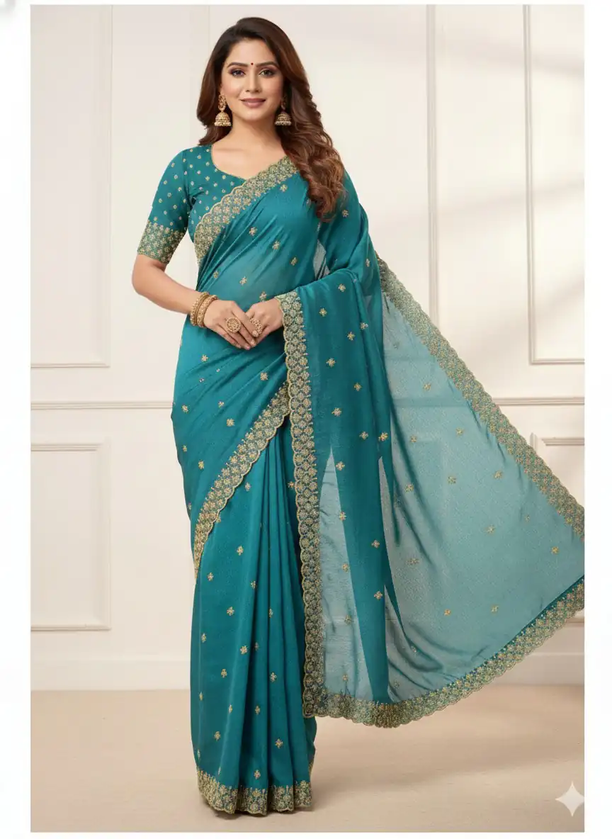 JR 659 Teal in Color Star Georgette Embroidery Work Saree . Available at ₹1799 only. Delivery 4-6 Working Days. Shop now. | Sarees, Bollywood Sarees, Creative Sarees, Designer Sarees, Embroidered Sarees, Ethnic Saree, Modern Digital sarees, Party Wear Sarees