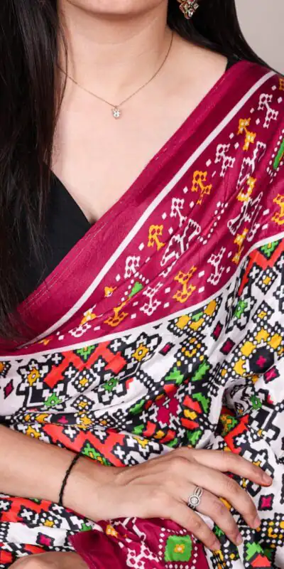 YNF 7801 White Gaji Silk Saree with Patola Print. Wedding, Party, Festive, Events, Best Price ₹2999. Delivery 4-6 Working Days. Shop now. | Sarees, Bollywood Sarees, Creative Sarees, Designer Sarees, Embroidered Sarees, Ethnic Saree, Modern Digital sarees, Party Wear Sarees