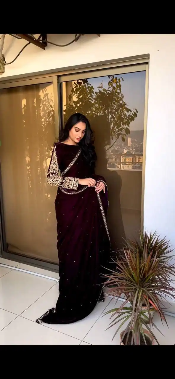 ST 403 Wine in 9000 Velvet Embroidery Work & Lace Work Saree . Introductory Price ₹1999. Delivery 4-6 Working Days. Shop now. | Designer Sarees, Sarees, Bollywood Sarees, Creative Sarees, Embroidered Sarees, Ethnic Saree, Modern Digital sarees, Party Wear Sarees