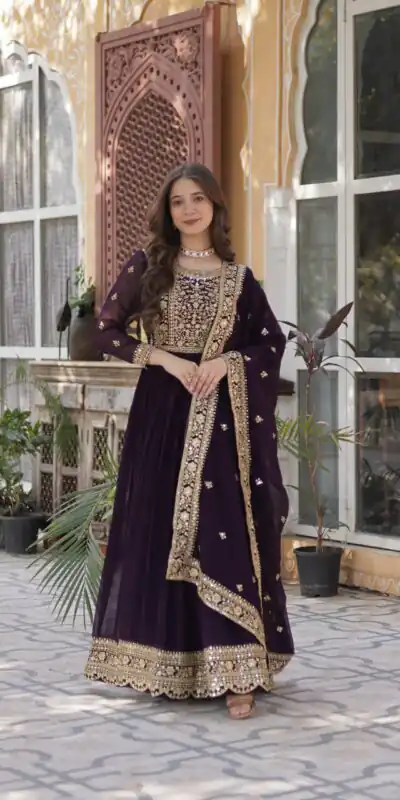 KA 1153 Wine Faux Blooming Gown with Embroidery Work & Zari Work. Available at ₹2599 only. Delivery 4-6 Working Days. Shop now. | Gowns, Bollywood Gowns, Creative Gowns, Designer Gowns, Embroidered Gowns, Party Wear Gowns