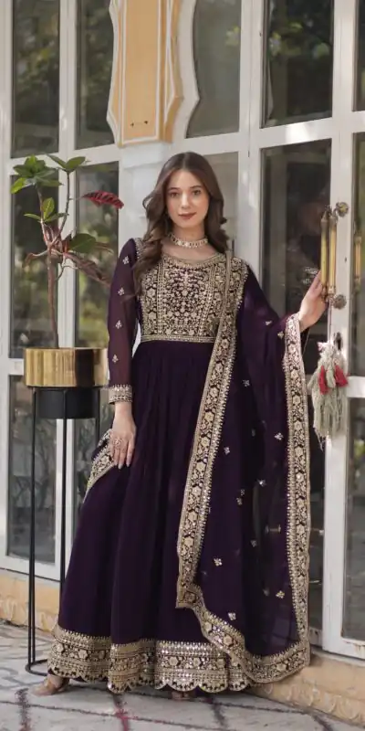 KA 1153 Wine Faux Blooming Gown with Embroidery Work & Zari Work. Available at ₹2599 only. Delivery 4-6 Working Days. Shop now. | Gowns, Bollywood Gowns, Creative Gowns, Designer Gowns, Embroidered Gowns, Party Wear Gowns