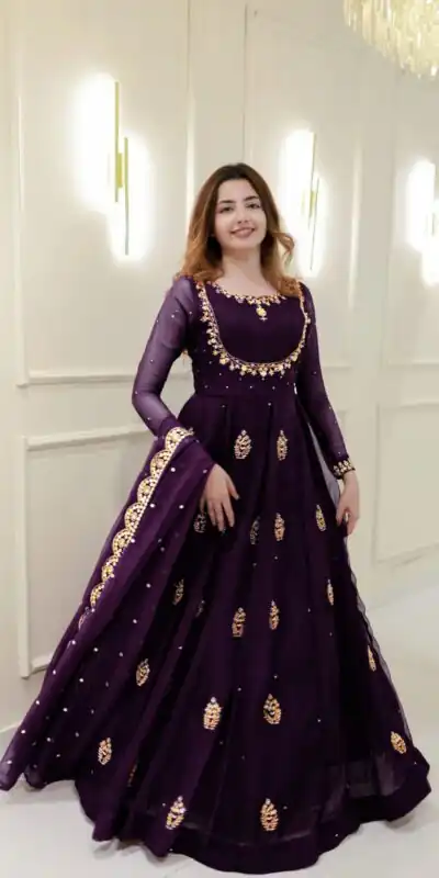 LG 2006 Wine Georgette Gown Perfect for Wedding, Party, Engagement, Diwali, Sangeet . Exclusive Offer ₹1999. Delivery 4-6 Working Days. Shop now. | Gowns, Bollywood Gowns, Creative Gowns, Designer Gowns, Embroidered Gowns, Party Wear Gowns