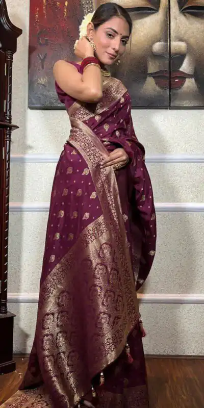 KPR 210 Wine Soft Lichi Silk Saree with Lace Work & Lace Border. Special Price ₹1399. Delivery 4-6 Working Days. Shop now. | Sarees, Bollywood Sarees, Creative Sarees, Designer Sarees, Embroidered Sarees, Ethnic Saree, Modern Digital sarees, Party Wear Sarees