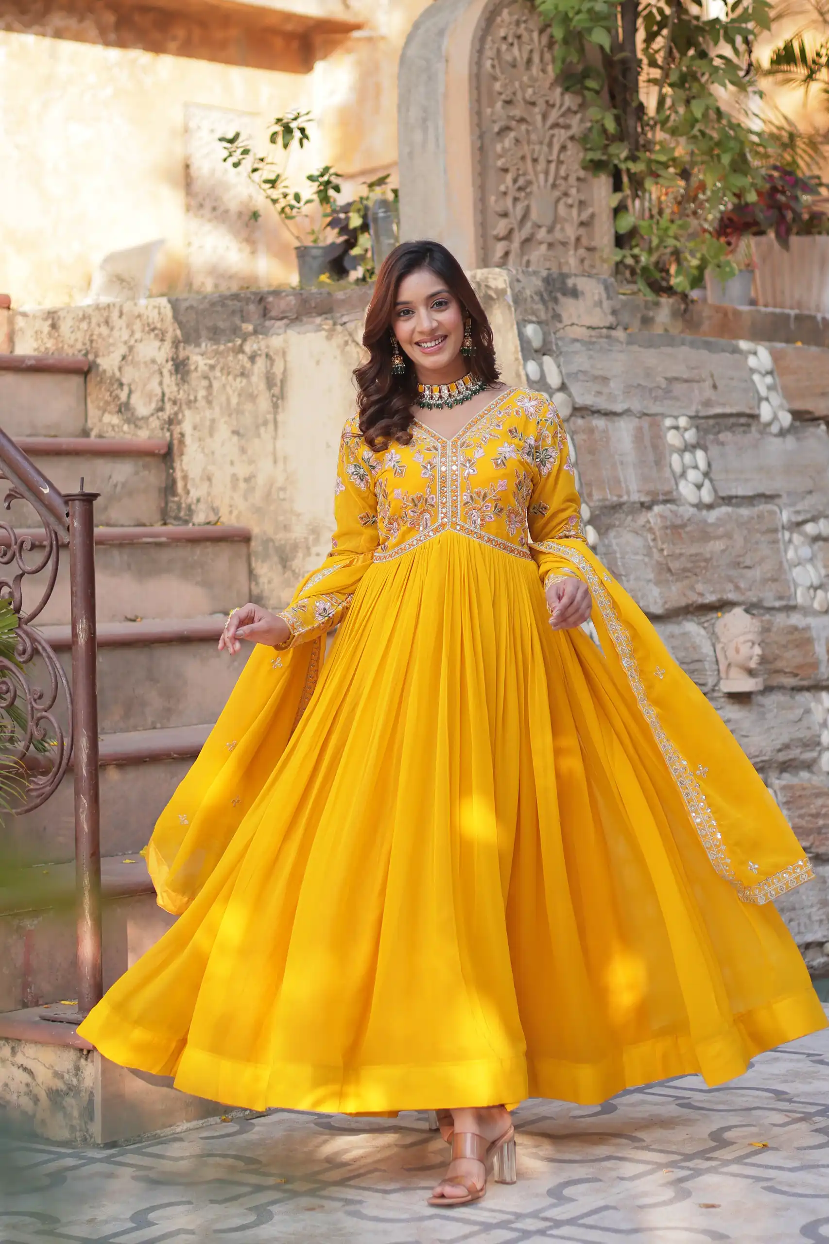 KA 1147 Yellow in Color Faux Blooming Embroidery Work & Zari Work Gown . Grab it for ₹2049. Delivery 4-6 Working Days. Shop now. | Gowns, Bollywood Gowns, Creative Gowns, Designer Gowns, Embroidered Gowns, Party Wear Gowns