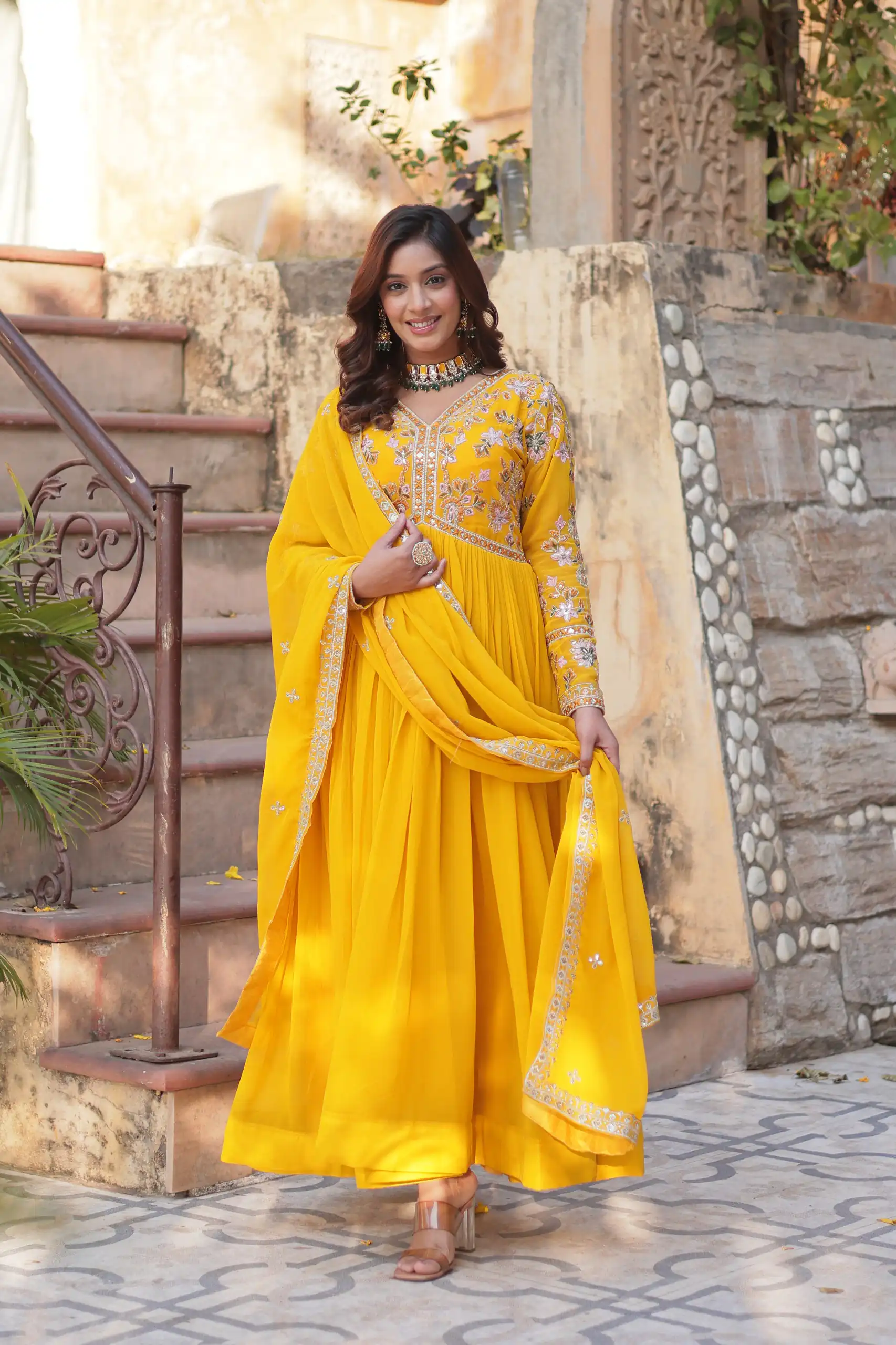 KA 1147 Yellow in Color Faux Blooming Embroidery Work & Zari Work Gown . Grab it for ₹2049. Delivery 4-6 Working Days. Shop now. | Gowns, Bollywood Gowns, Creative Gowns, Designer Gowns, Embroidered Gowns, Party Wear Gowns