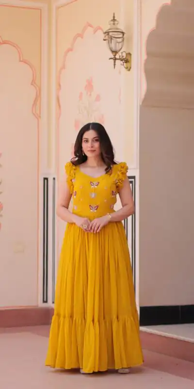 KA 1174 Yellow Faux Blooming Gown Perfect for Wedding, Party, Housewarming, Baby Shower, Raksha Bandhan – . Now at just ₹1699. Delivery 4-6 Working Dasy | Gowns, Bollywood Gowns, Creative Gowns, Designer Gowns, Embroidered Gowns, Party Wear Gowns