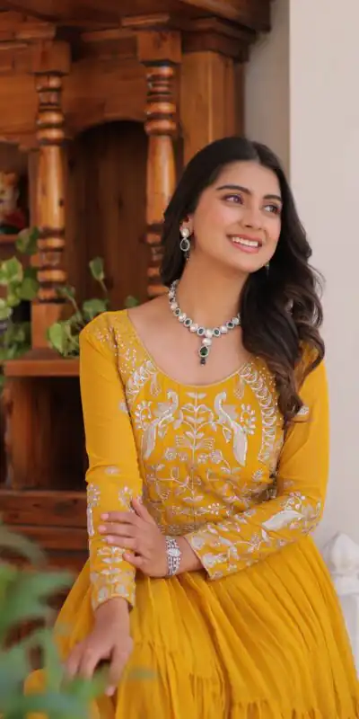 Ram 083 Yellow Fox Georgette Sequence Work Gown . Wedding, Party, Festive, Events Grab it for ₹1749. Delivery 4-6 Working Days. Shop now. | Gowns, Bollywood Gowns, Creative Gowns, Designer Gowns, Embroidered Gowns, Party Wear Gowns