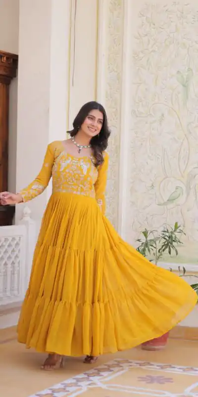 Ram 083 Yellow Fox Georgette Sequence Work Gown . Wedding, Party, Festive, Events Grab it for ₹1749. Delivery 4-6 Working Days. Shop now. | Gowns, Bollywood Gowns, Creative Gowns, Designer Gowns, Embroidered Gowns, Party Wear Gowns