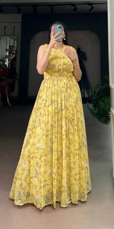 YNF 5200 Yellow Color Weightless Marbal Gown with Designer Work. Available at ₹1649 only. Delivery 4-6 Working Days. Shop now. | Gowns, Bollywood Gowns, Creative Gowns, Designer Gowns, Embroidered Gowns, Party Wear Gowns