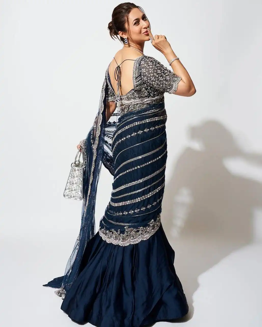 Navy Blue Vichitra Embroidery Lehenga Saree - Image 3
