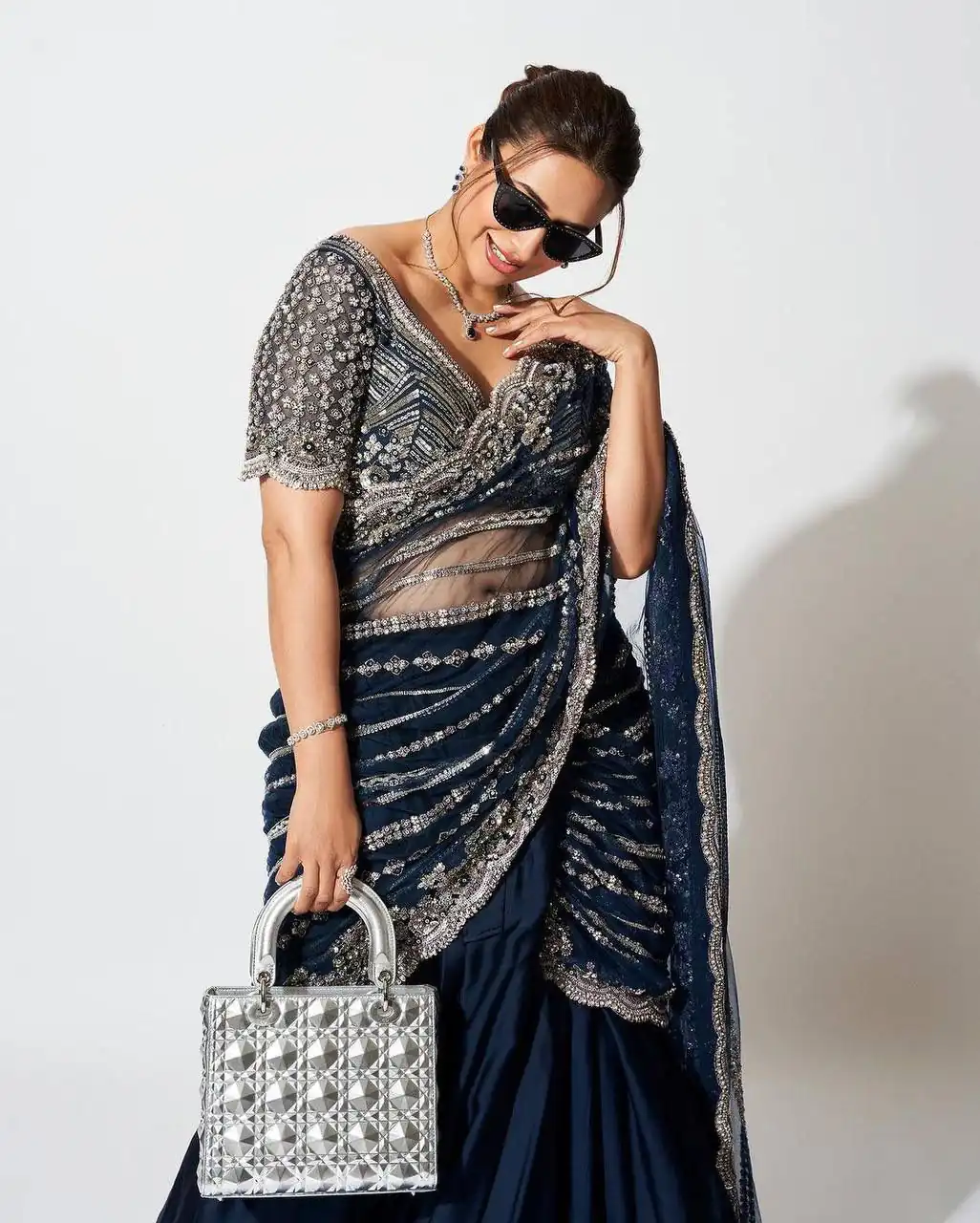 Navy Blue Vichitra Embroidery Lehenga Saree - Image 4