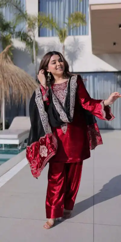 Red Ice Velvet Embroidery Zari Work Salwar Suit