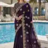 Dark Purple Fandy Satin Silk Embroidery Zari Work Saree