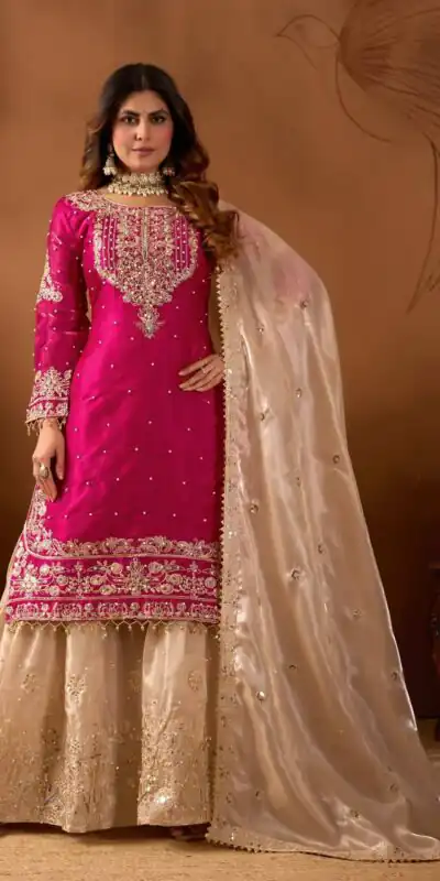 Pink Organza Silk Embroidery Lace Work Salwar Suit