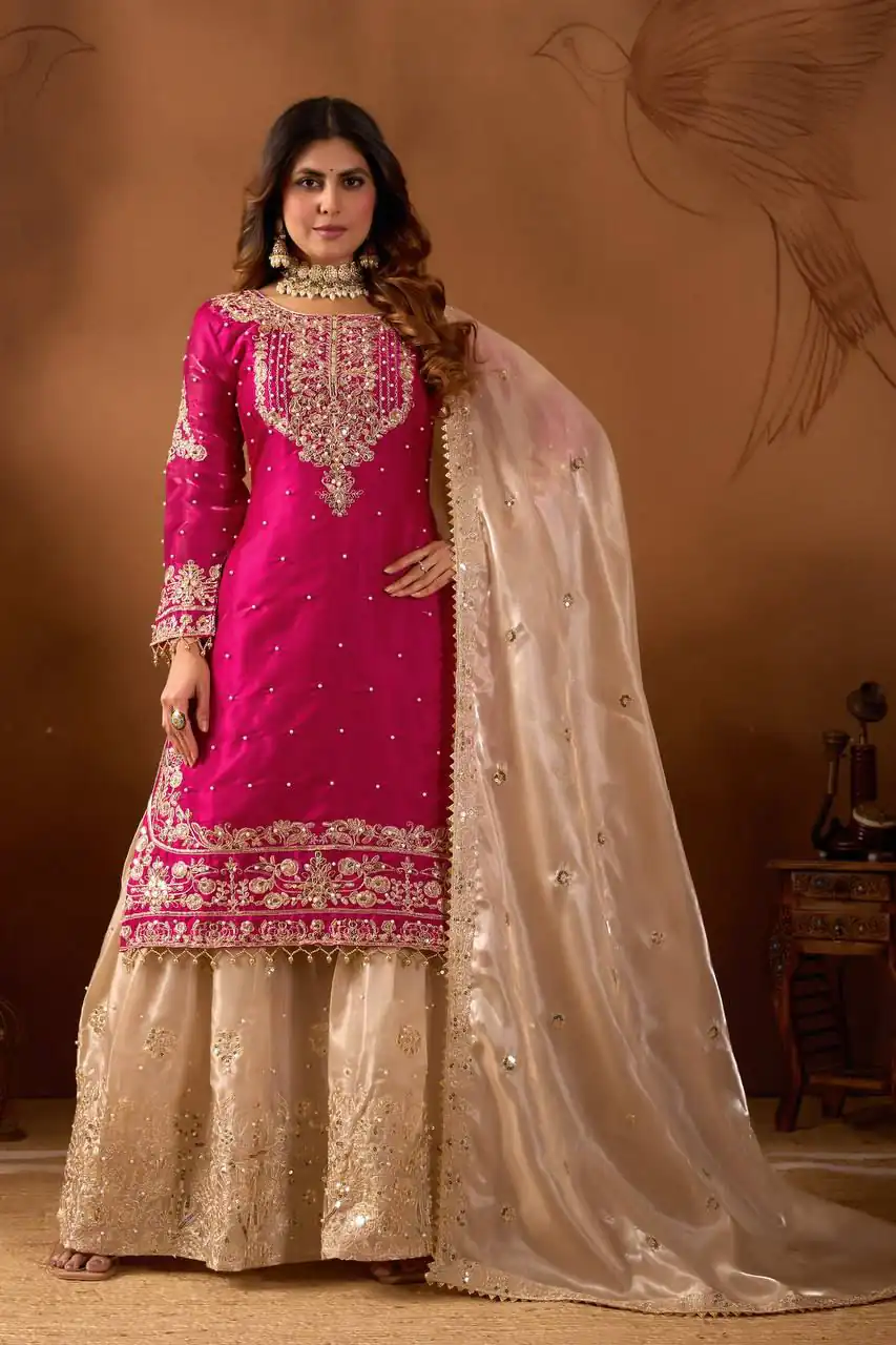 Pink Organza Silk Embroidery Lace Work Salwar Suit