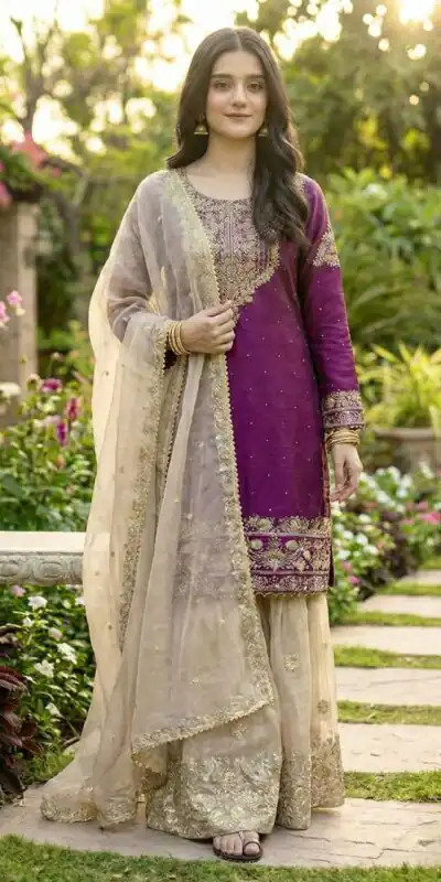 Purple Organza Silk Embroidery Lace Work Salwar Suit