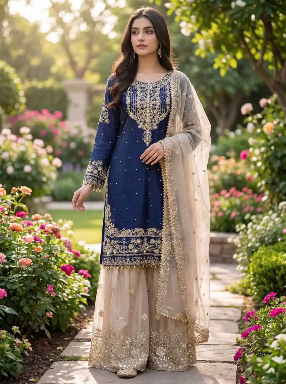 Blue Organza Silk Embroidery Lace Work Salwar Suit