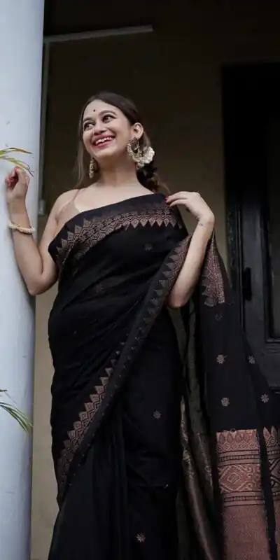 Black Soft Lichi Silk Border Lace Saree