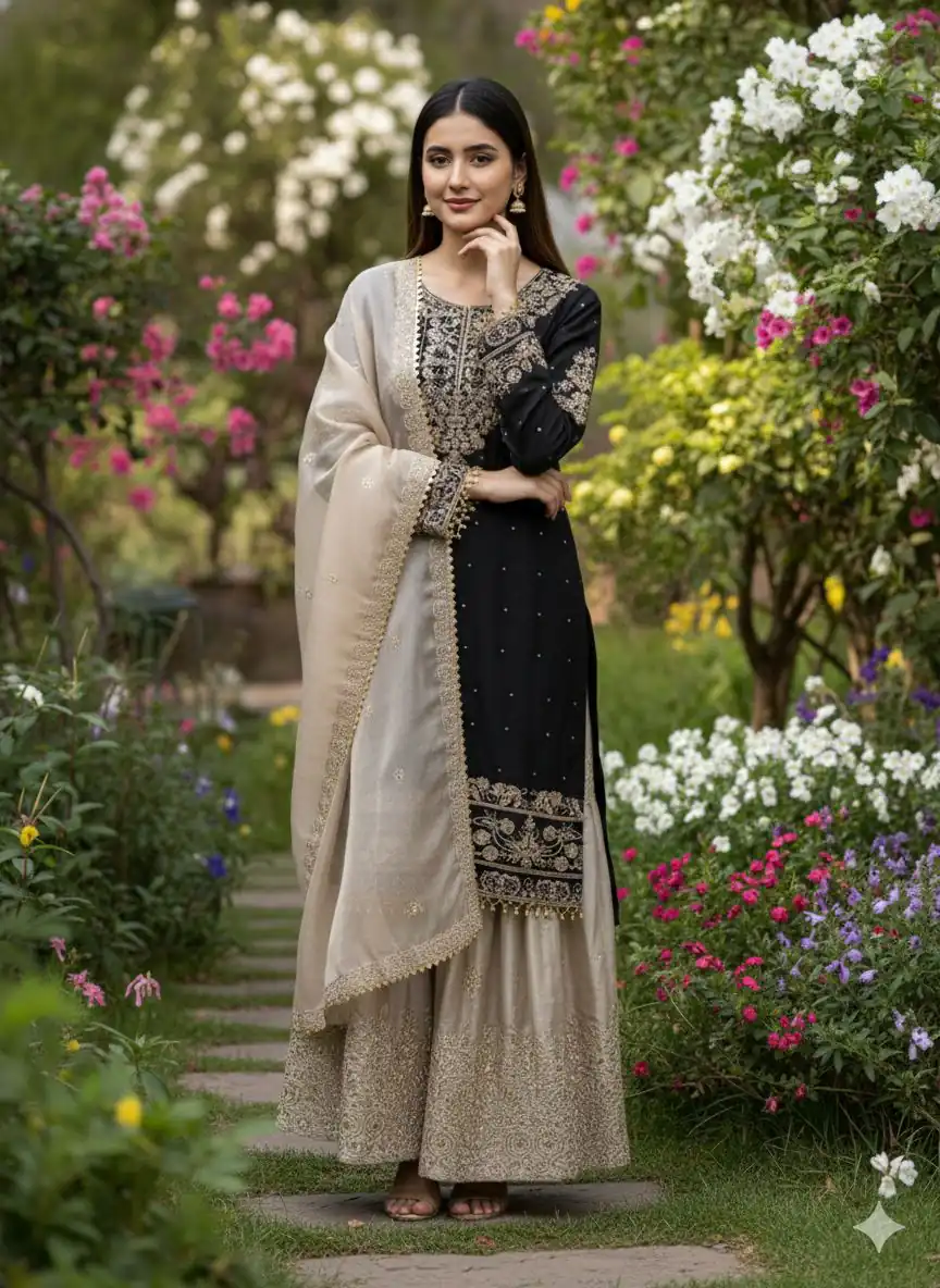 Black Organza Silk Embroidery Lace Work Salwar Suit - Image 3