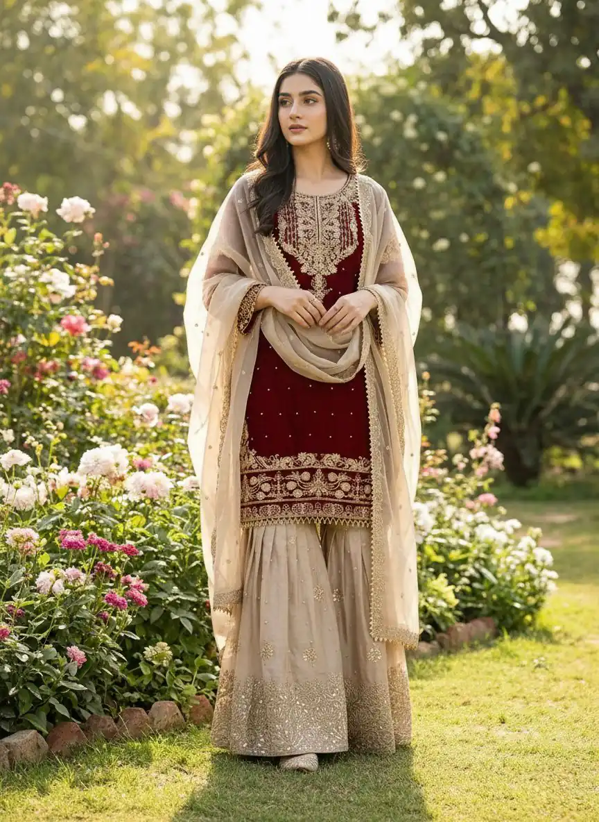 Maroon Organza Silk Embroidery Lace Work Salwar Suit - Image 2