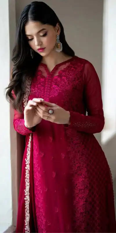 Rani Pink Georgette Embroidery Lace Work Salwar Suit