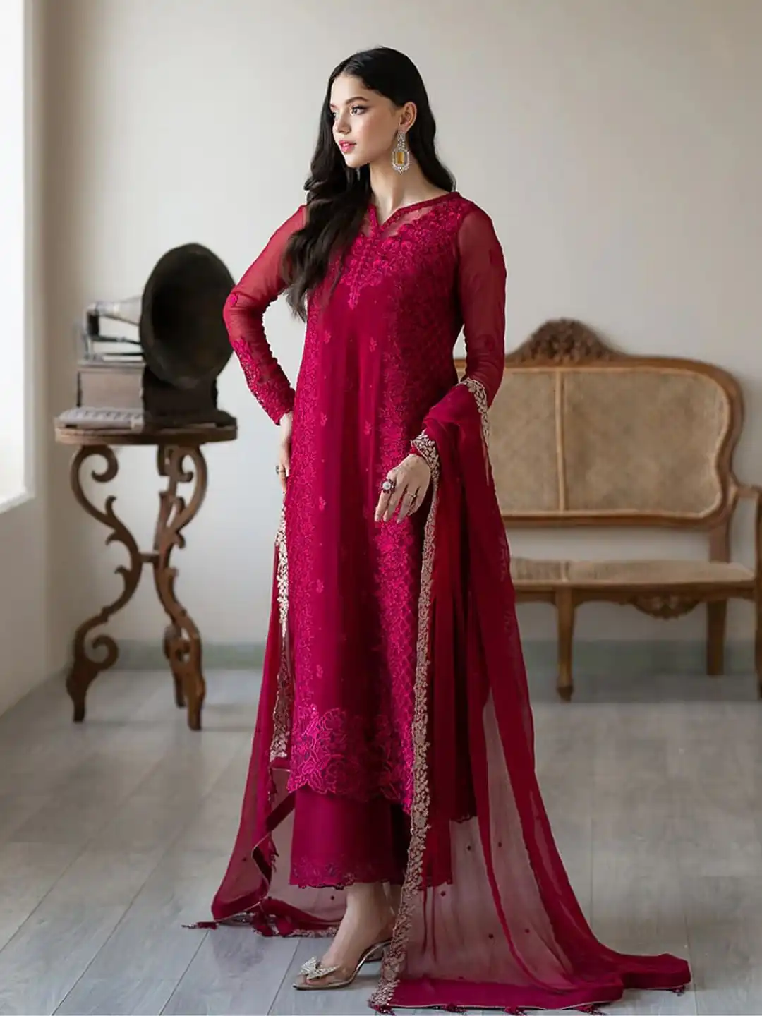 Rani Pink Georgette Embroidery Lace Work Salwar Suit - Image 2