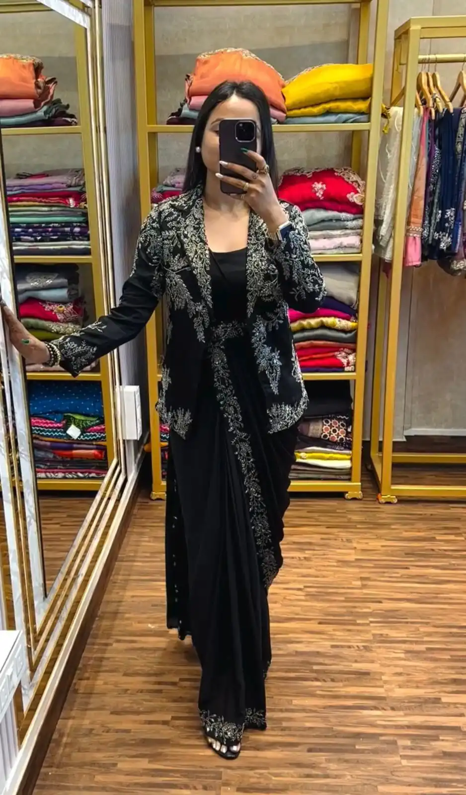 Black Chinon Embroidery Lace Work Saree