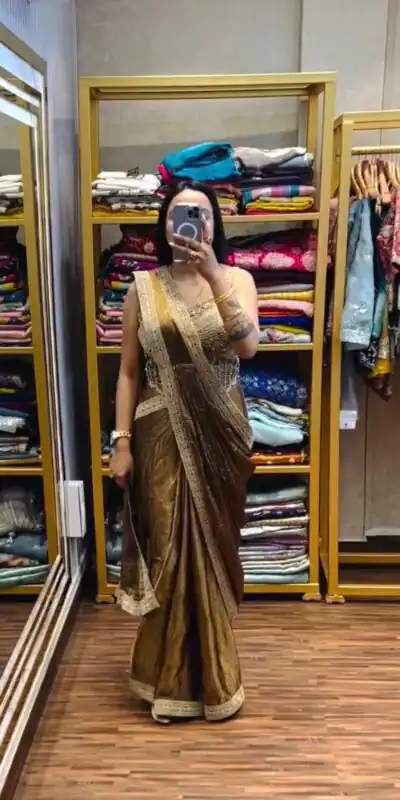 Brown Fandy Satin Lace Embroidery Work Saree