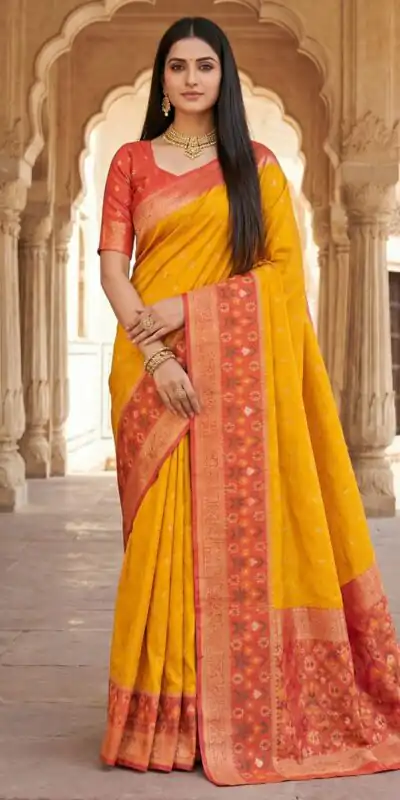 Yellow Pochampalli Silk Zari Work Saree