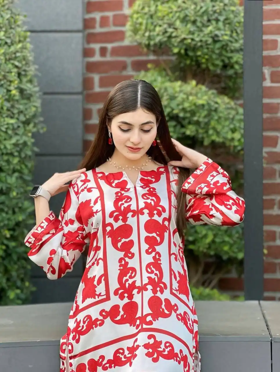 Red Natural Crape Digital Print Salwar Suit - Image 2