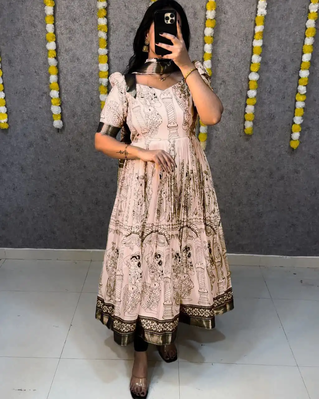 Cream Malai Satin Digital Kalamkari Print Gown